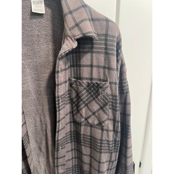 Victoria Secret PINK Plaid Flannel Long Sleeve Fleece Shacket Oversized Size S - Picture 4 of 8